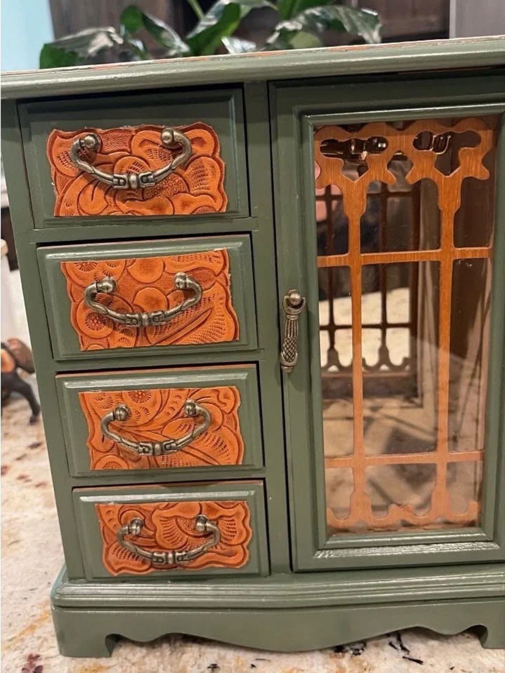 Hand-Painted Green and Tan Western Jewelry Cabinet with Glass Door